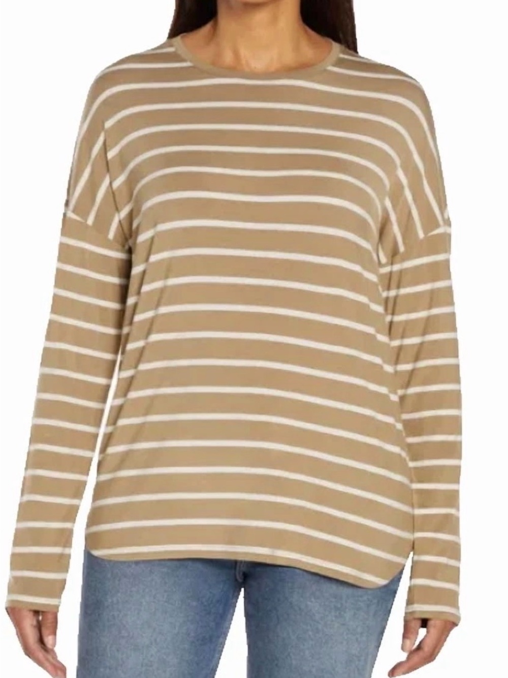 GAP Tan Striped Long Sleeve Tee - Ultra-Soft Rayon Luxe - Size Large EUC